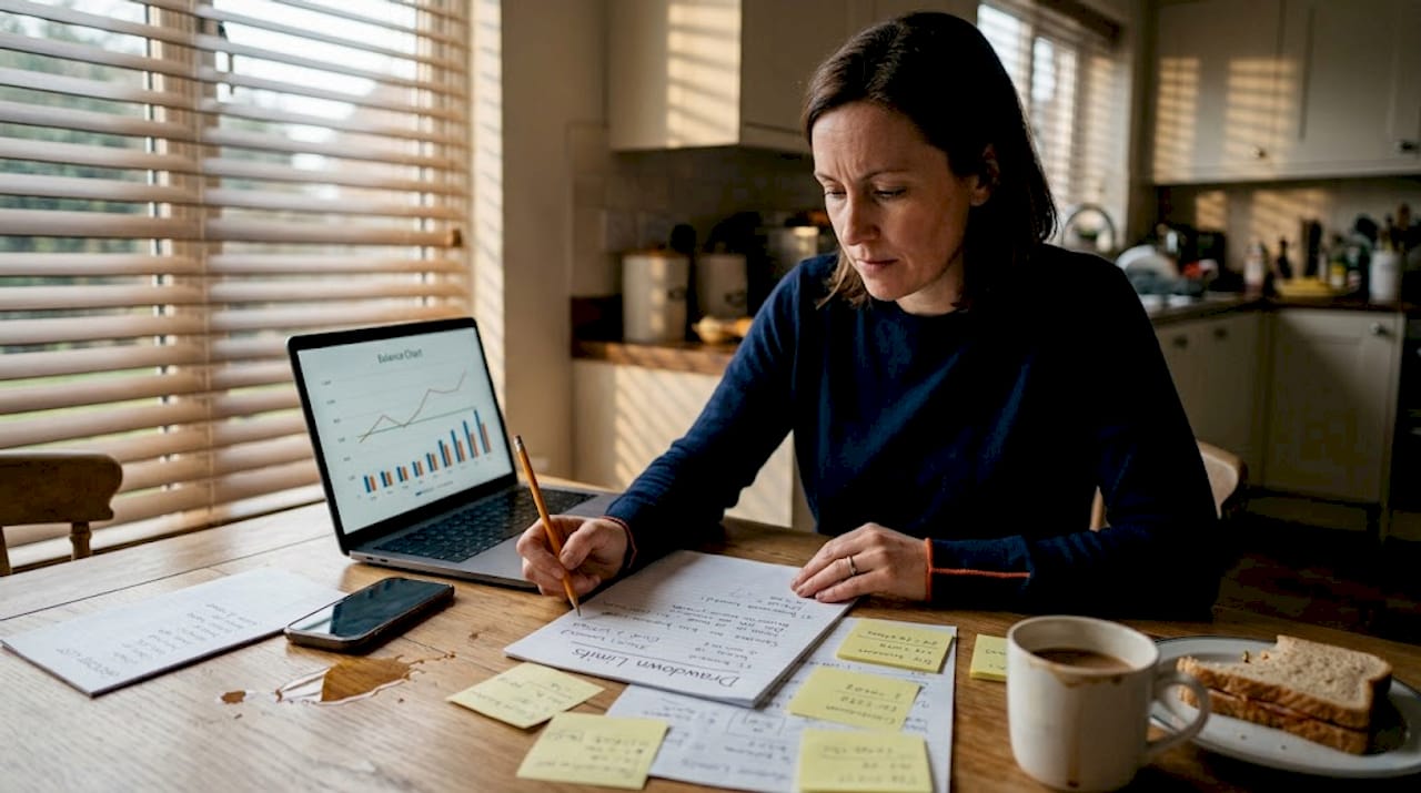 Woman analyzing drawdown risk notes at table