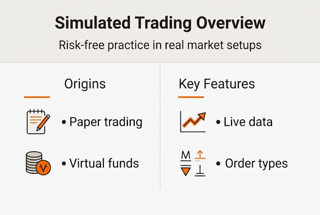 Infographic summarizing simulated trading origins and features