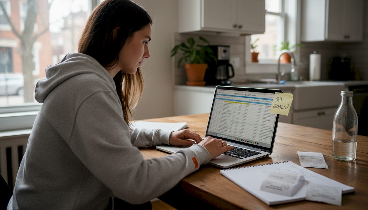 Trader calculating position size at kitchen table