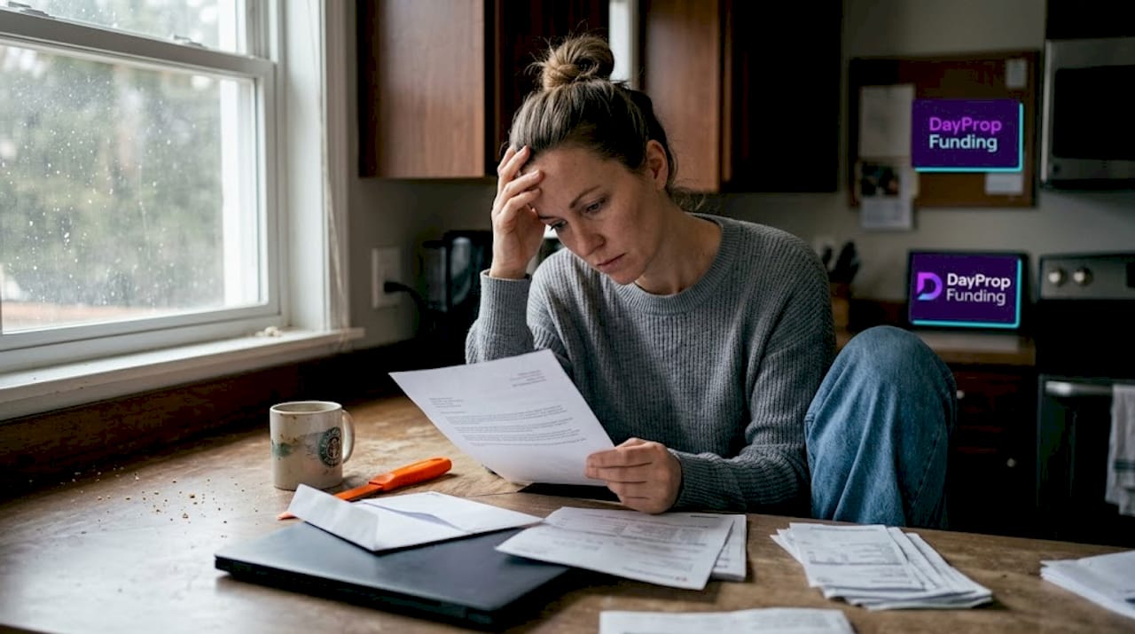 Trader reviewing funding program rejection at home