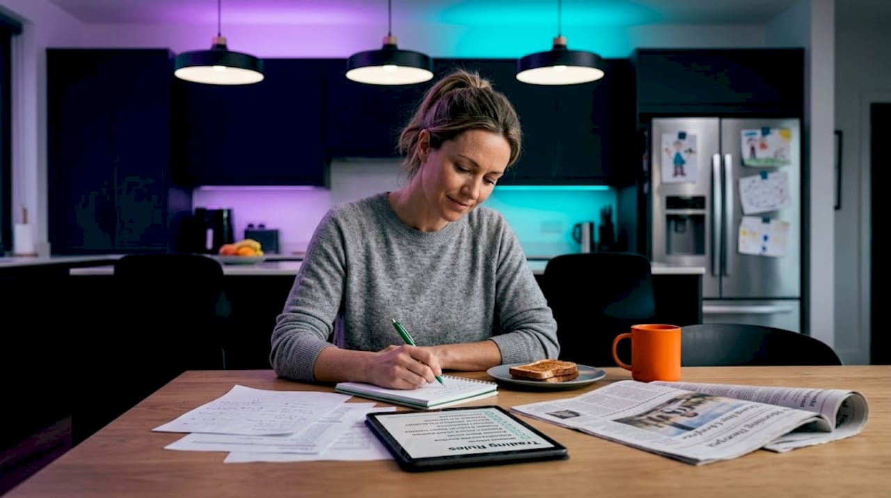 Woman drafting trading plan at kitchen table