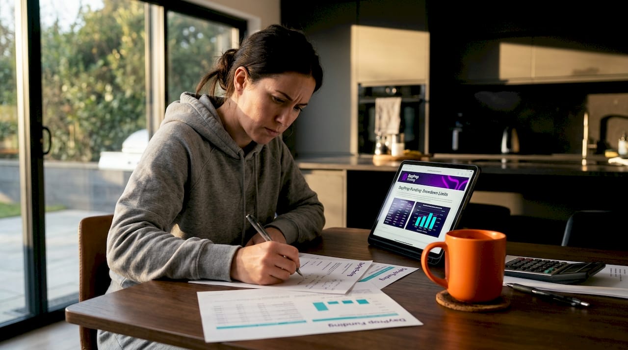 Trader reading drawdown rules in kitchen