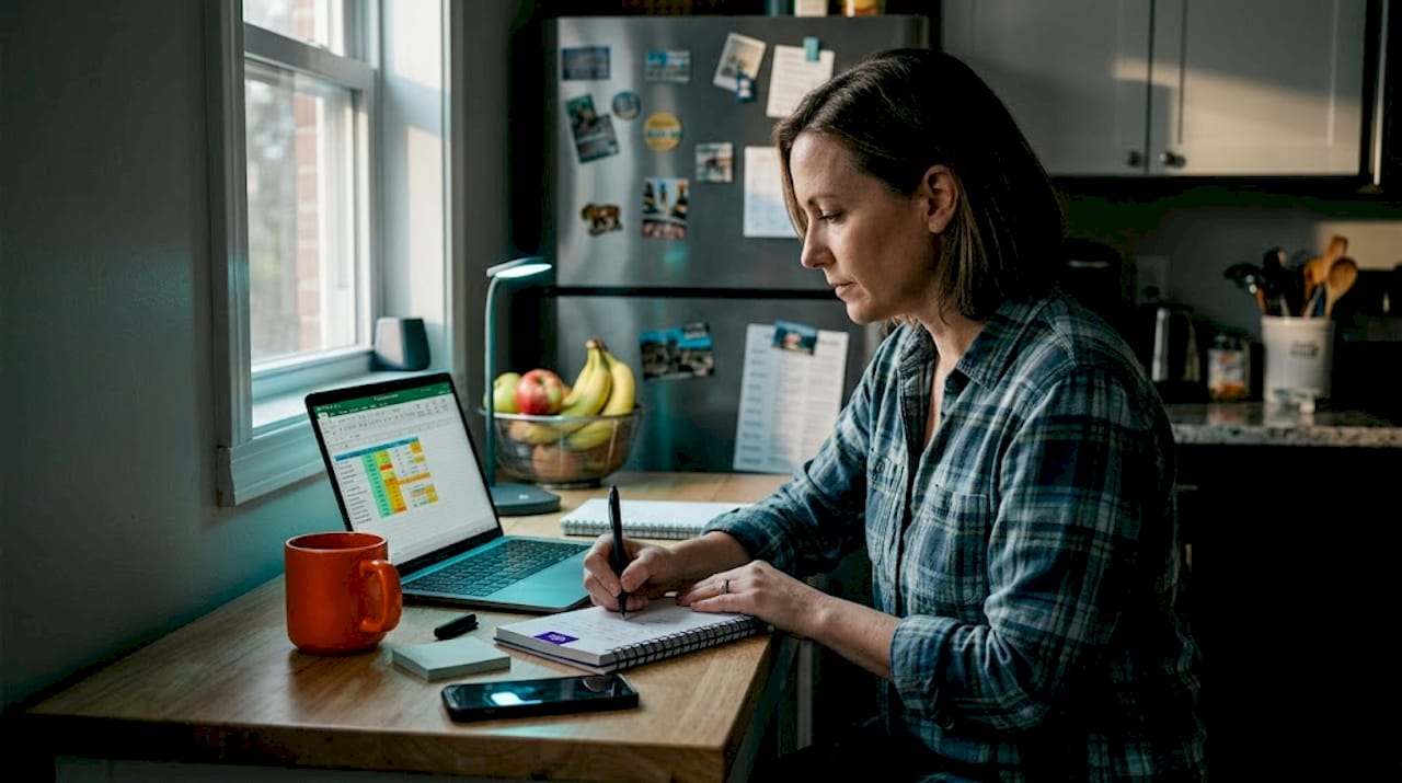 Trader preparing notes in kitchen workspace