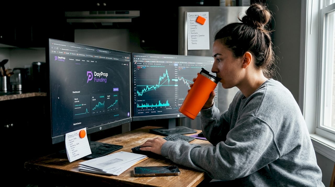 Trader monitoring diversified positions from kitchen table