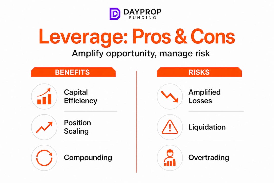 Infographic comparing leverage benefits and risks