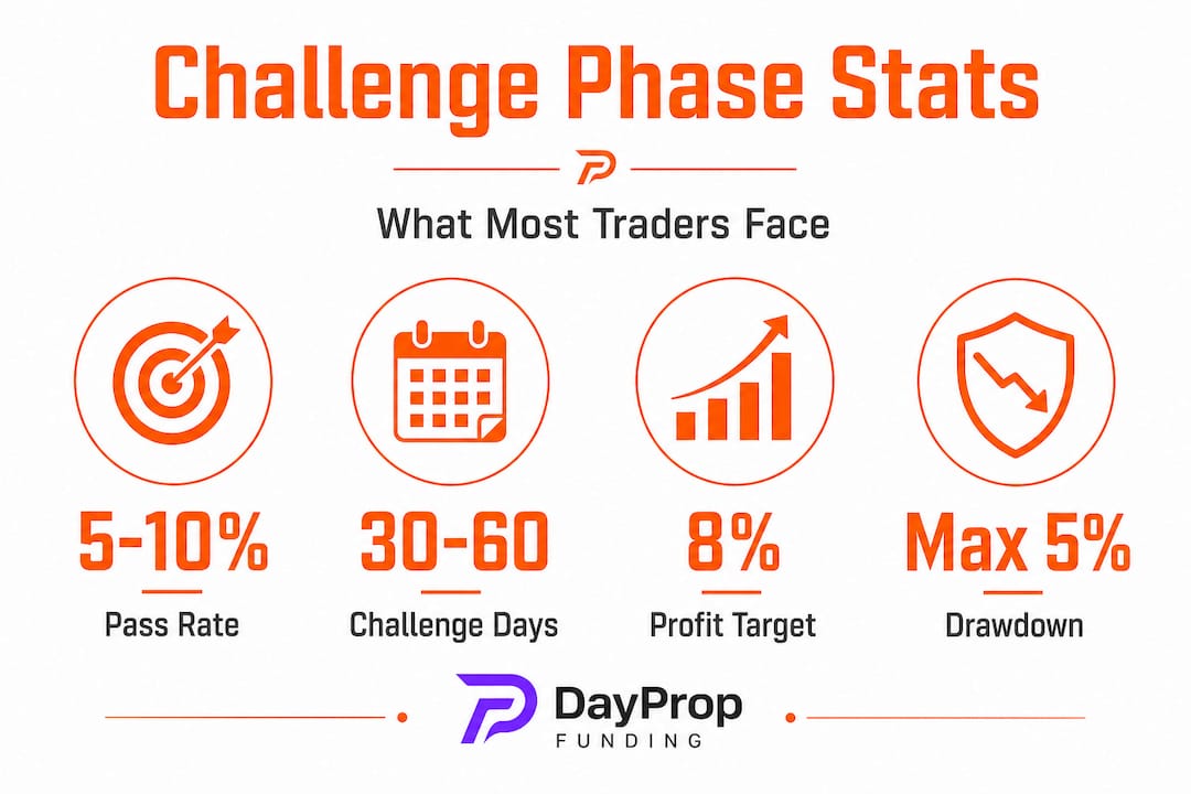 Infographic with prop trading challenge statistics
