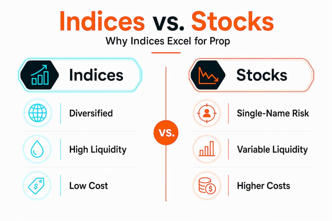 Infographic comparing indices and stocks for prop trading