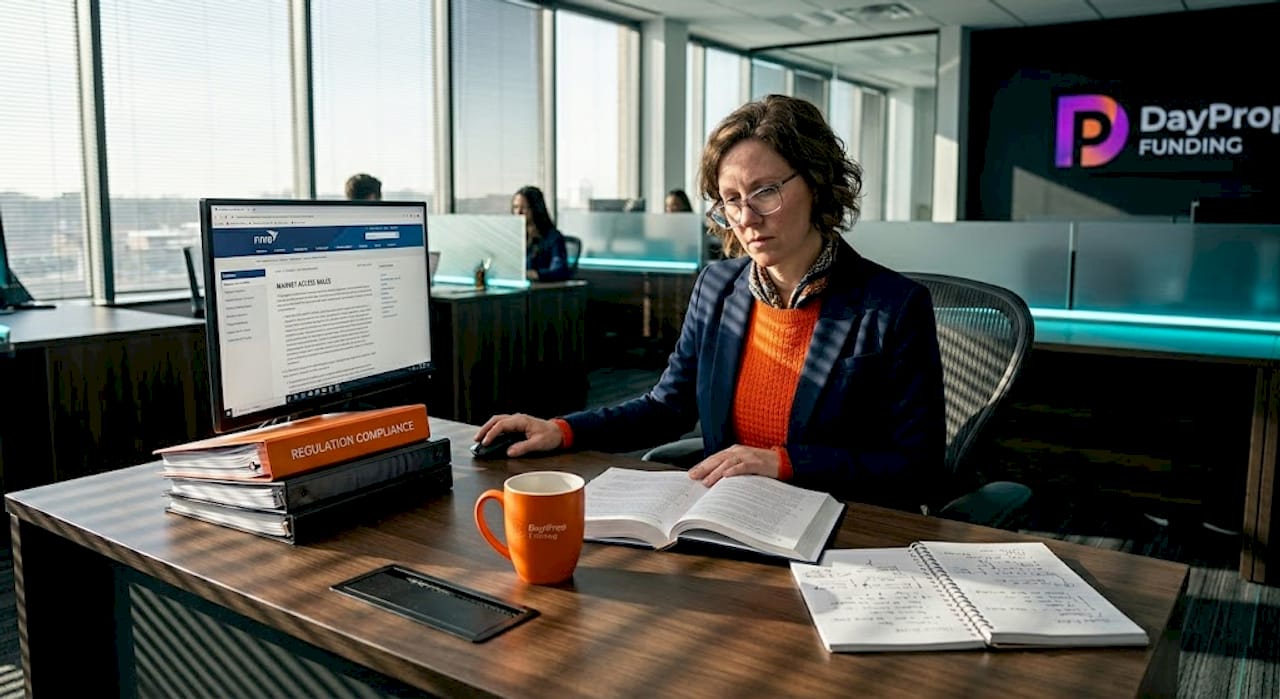 Broker reviews regulations with printouts at desk