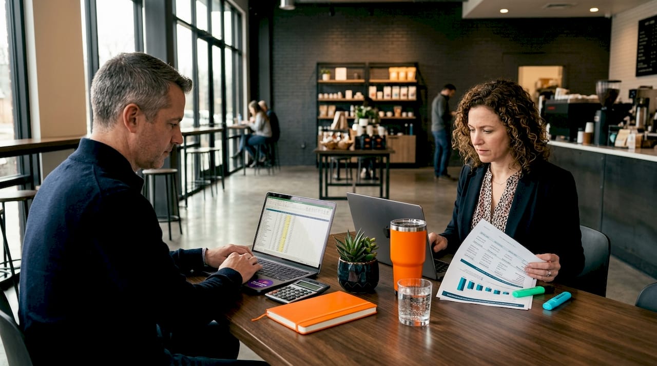 Two colleagues comparing trading methods workspace