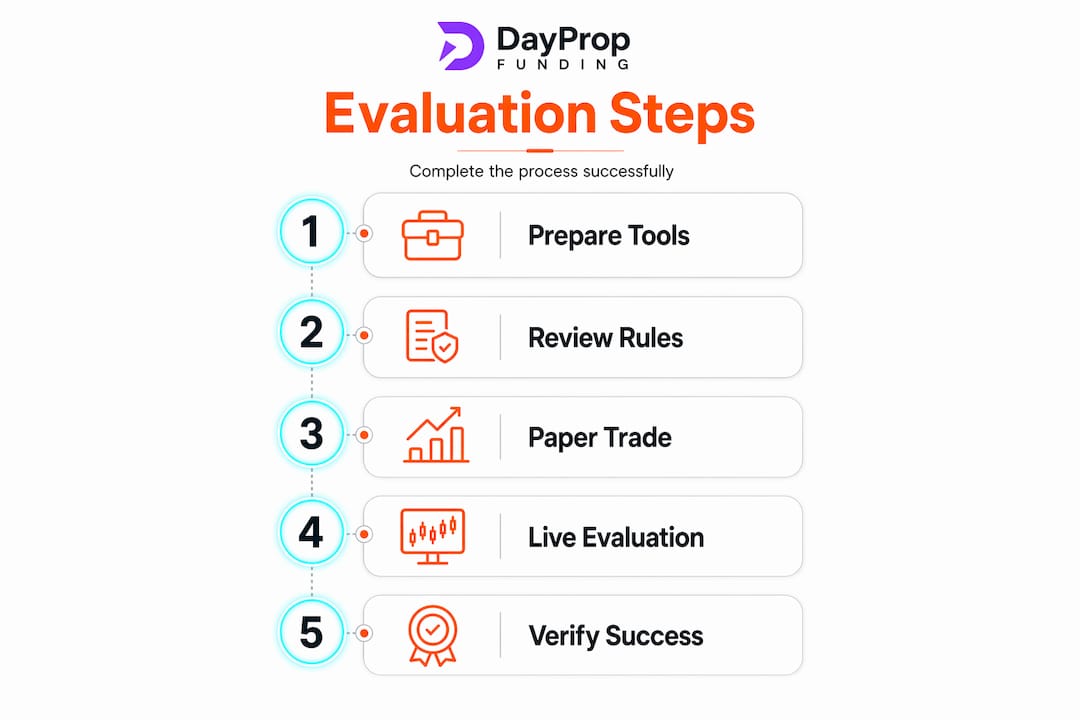 Infographic showing prop trading evaluation step-by-step