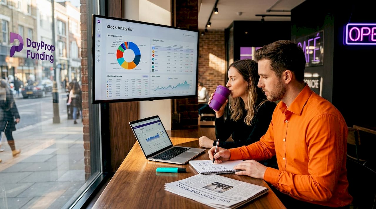 Coworkers tracking index composition on office screen