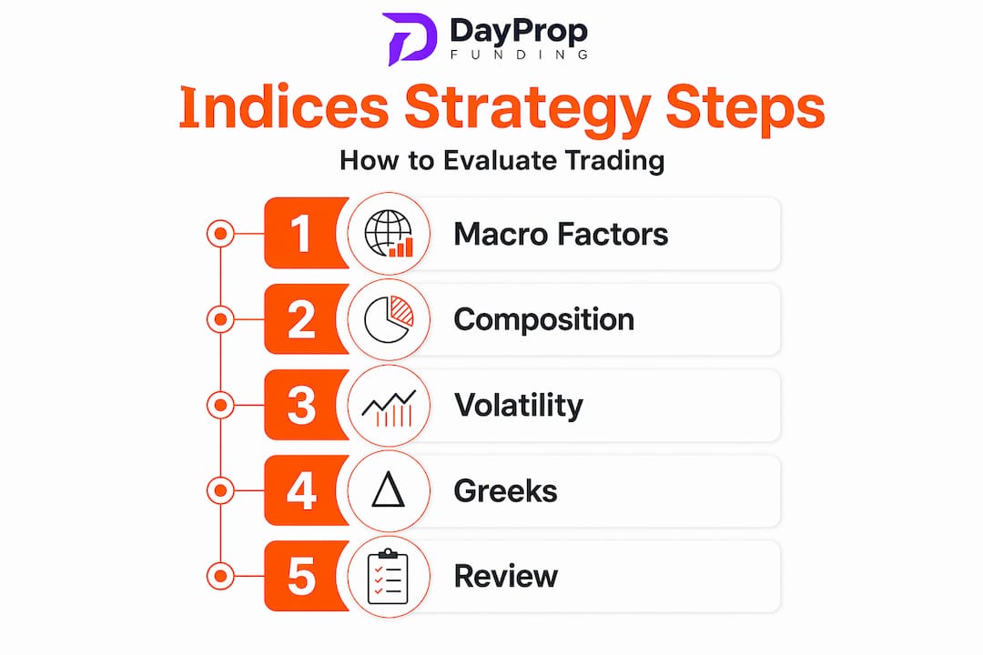 Indices trading evaluation process in 5 steps infographic