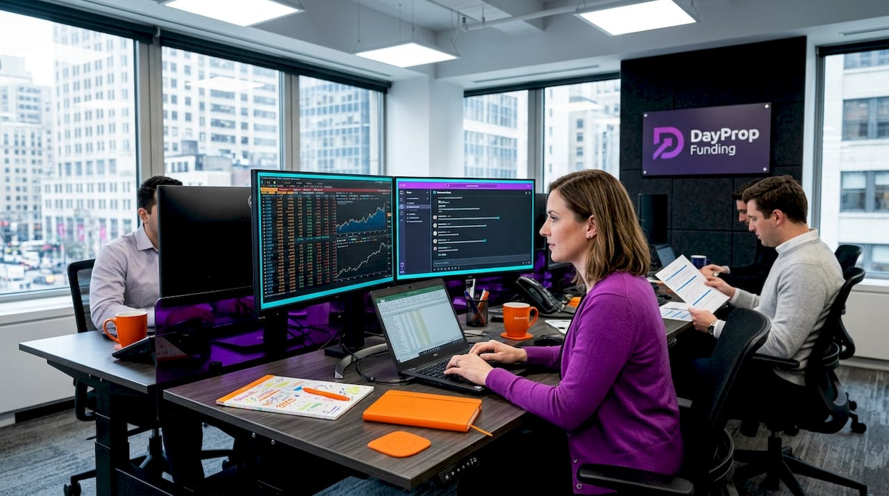 Open trading room with team at adjacent desks