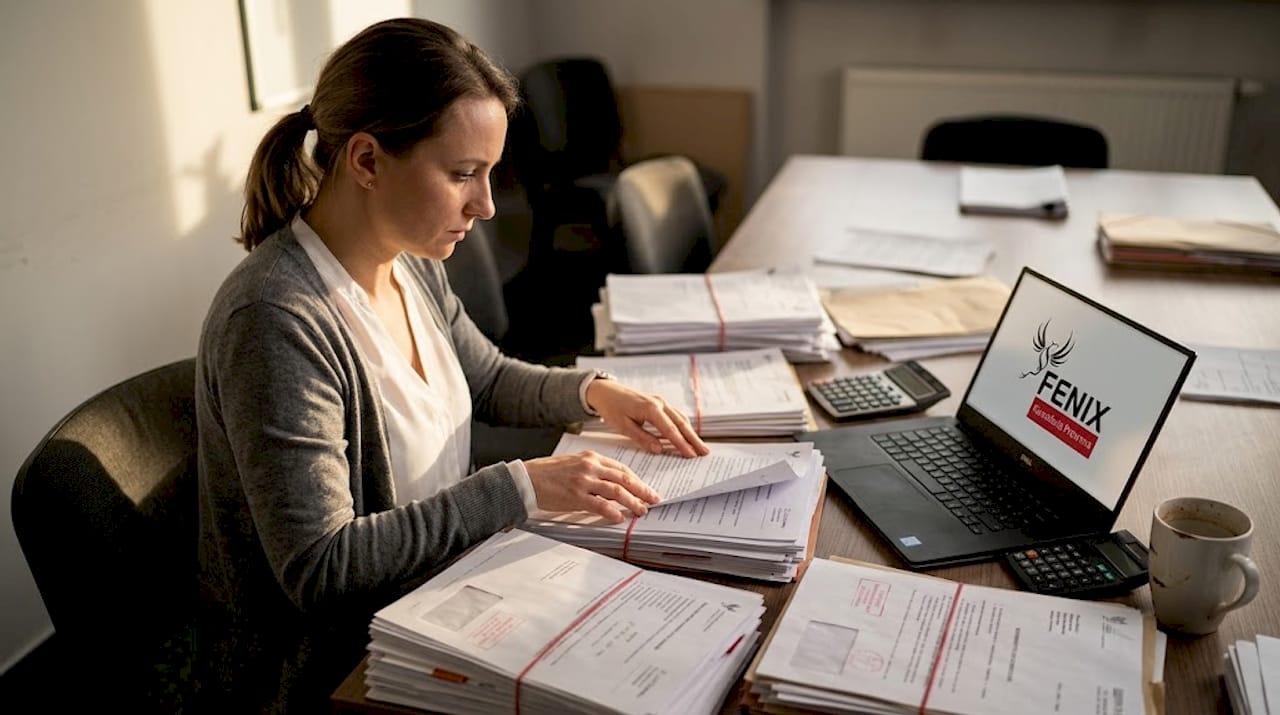 Syndyk porządkuje akta sprawy w swoim biurze.