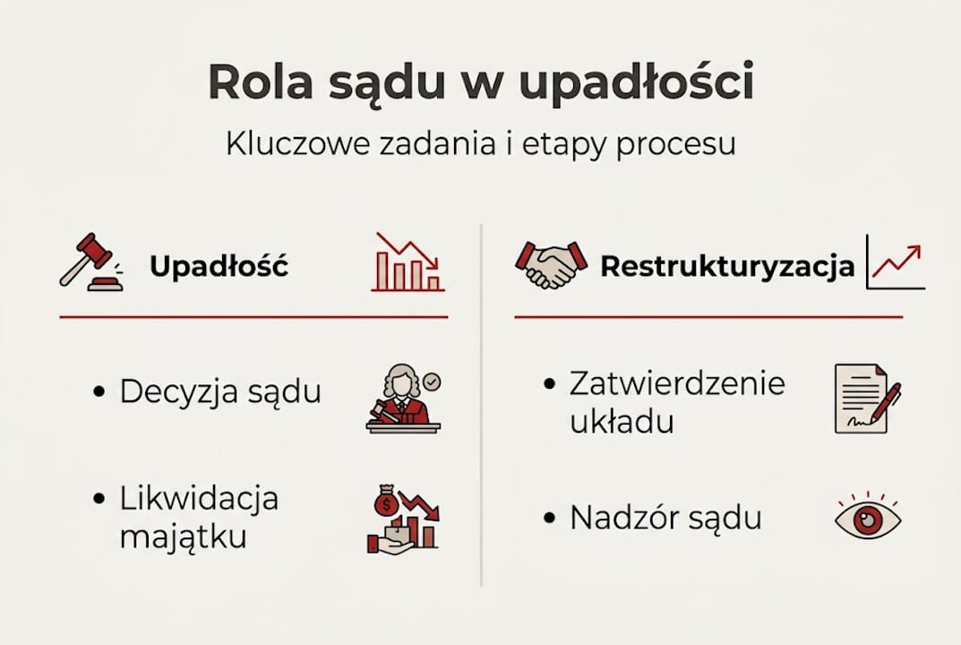 Infografika: kluczowe etapy i rola sądu w postępowaniu upadłościowym