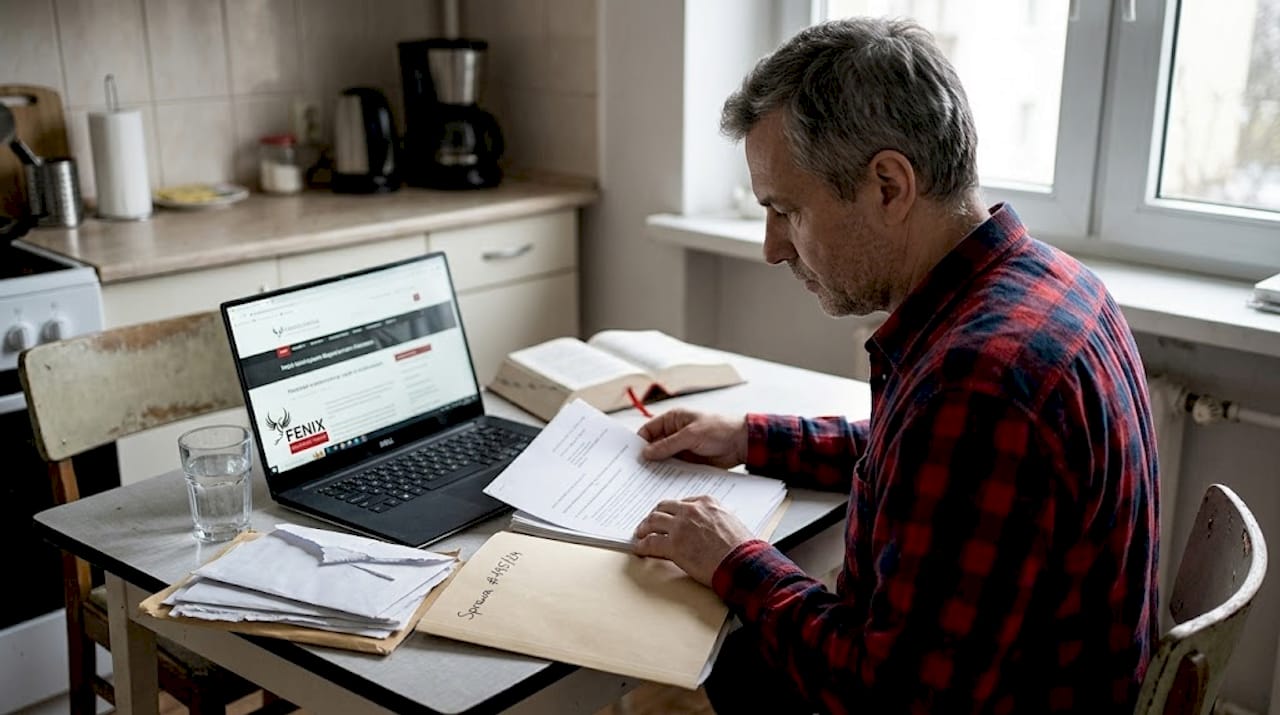 Mężczyzna siedzi przy kuchennym stole i przegląda stertę papierów z sądu.