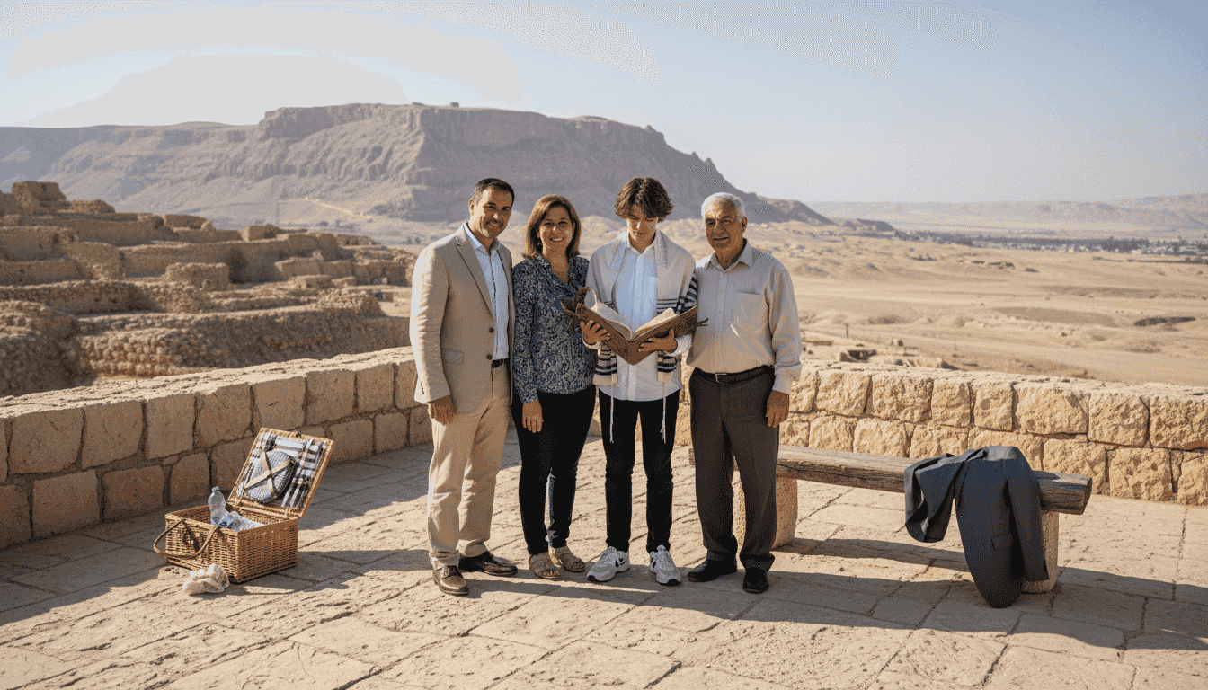 Family celebrating mitzvah at Masada ruins