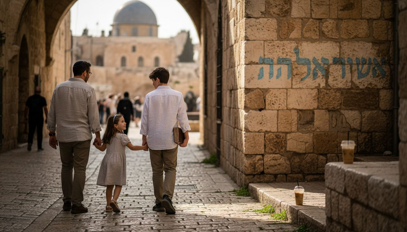 Family walking candidly in Jerusalem Old City