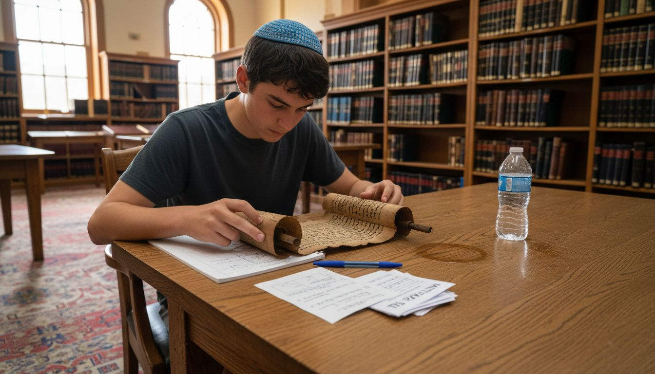 Teen studying Torah scroll and mitzvot notes