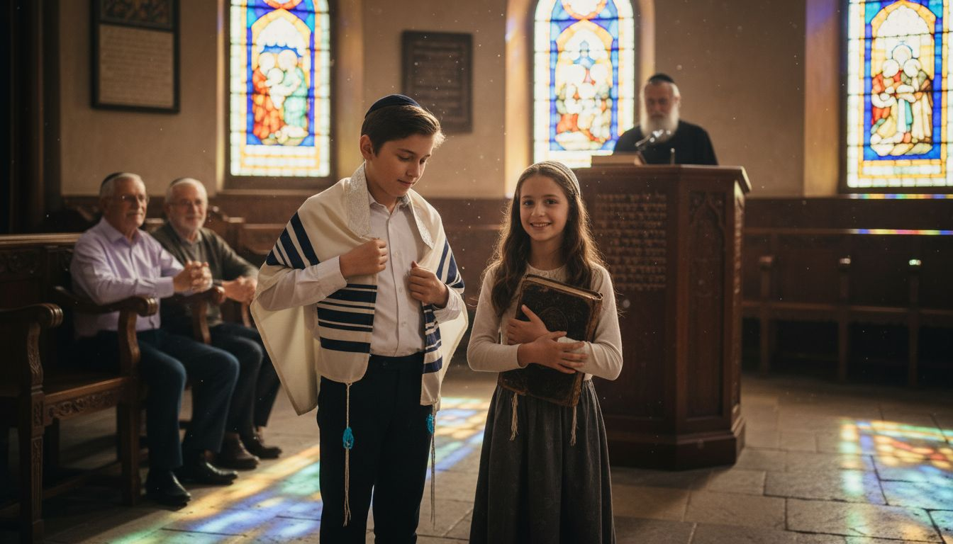 Bar and Bat Mitzvah youths in synagogue ceremony