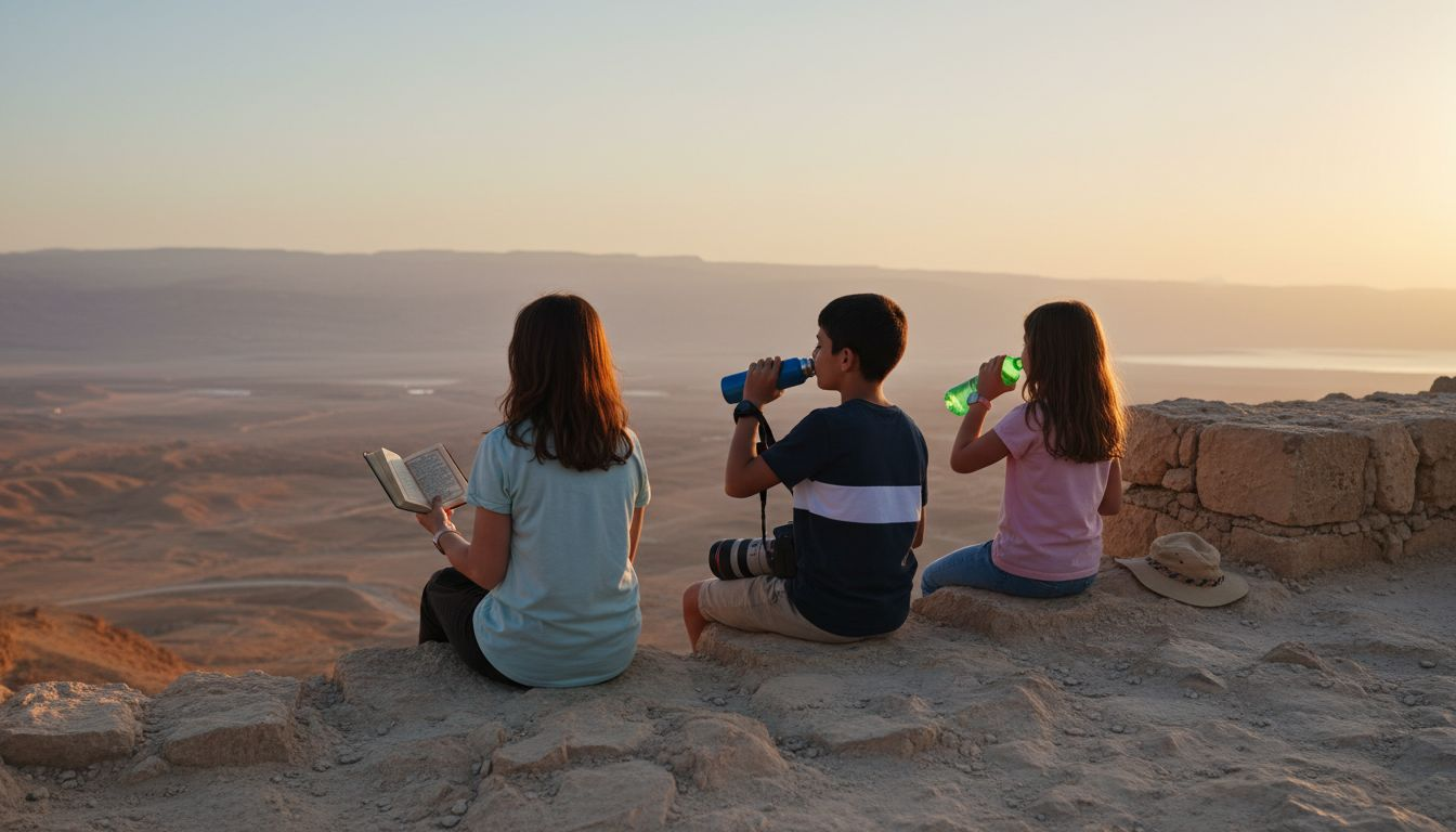Family on Masada at sunrise with prayer book