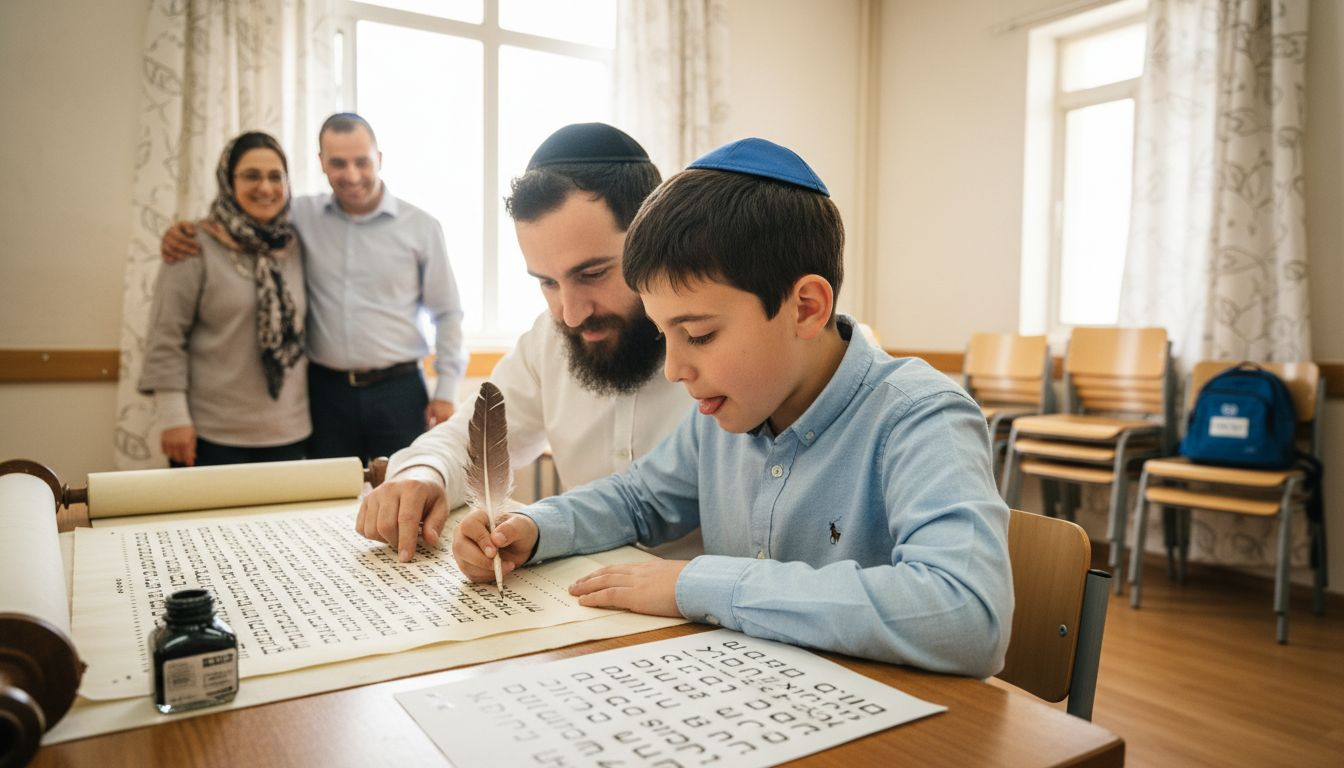 Bar Mitzvah boy writing Torah with family watching