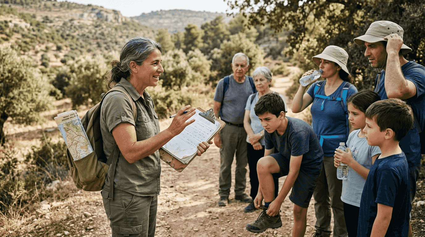 Guide discussing activity pacing with family group
