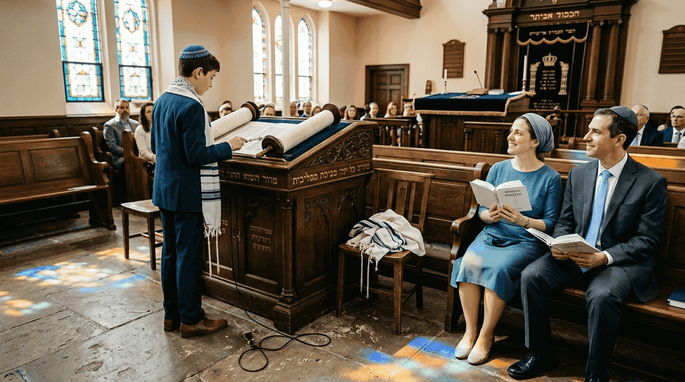 Jewish boy reading Torah at bimah with family
