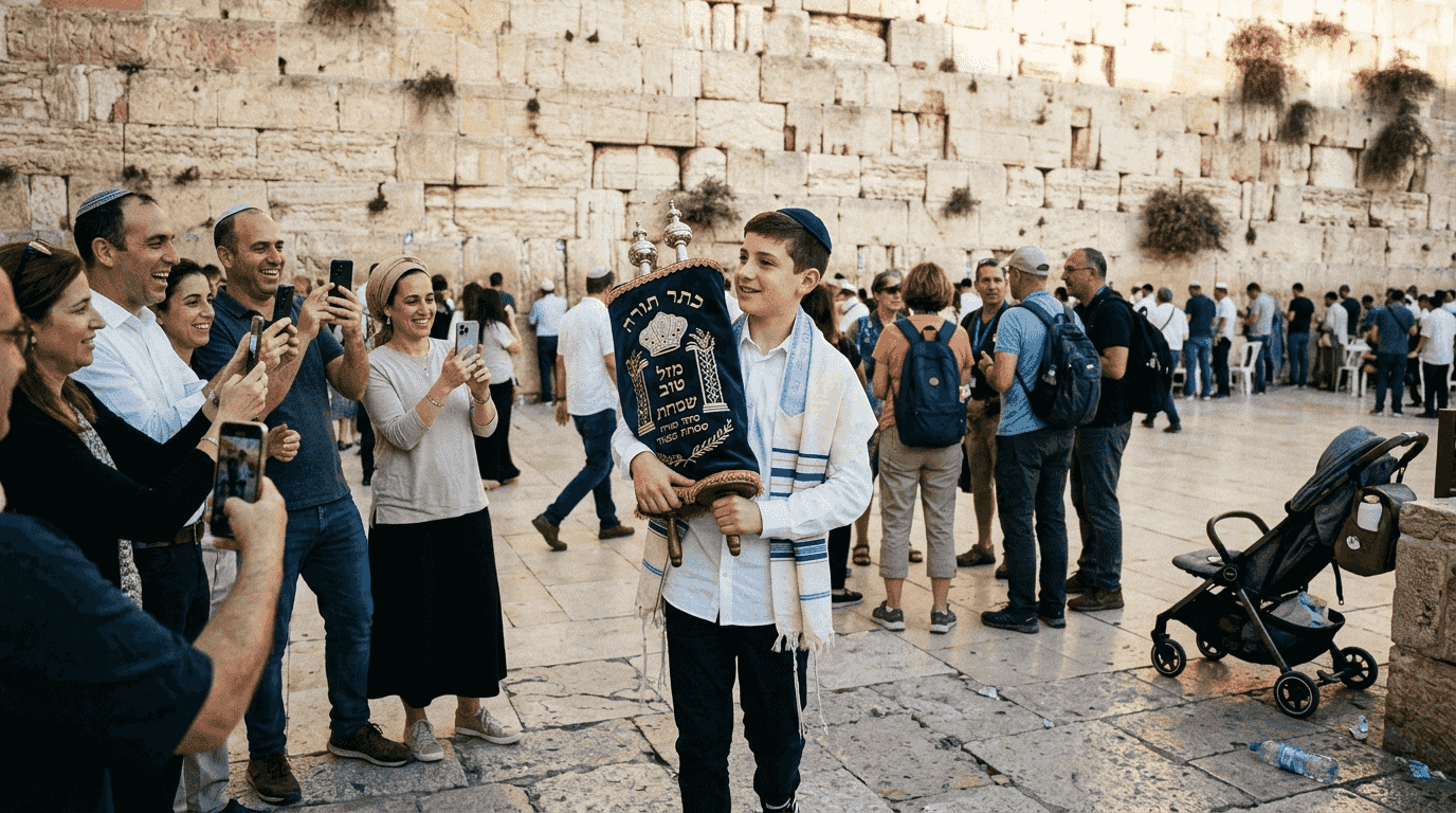 Teen boy with Torah at Western Wall ceremony