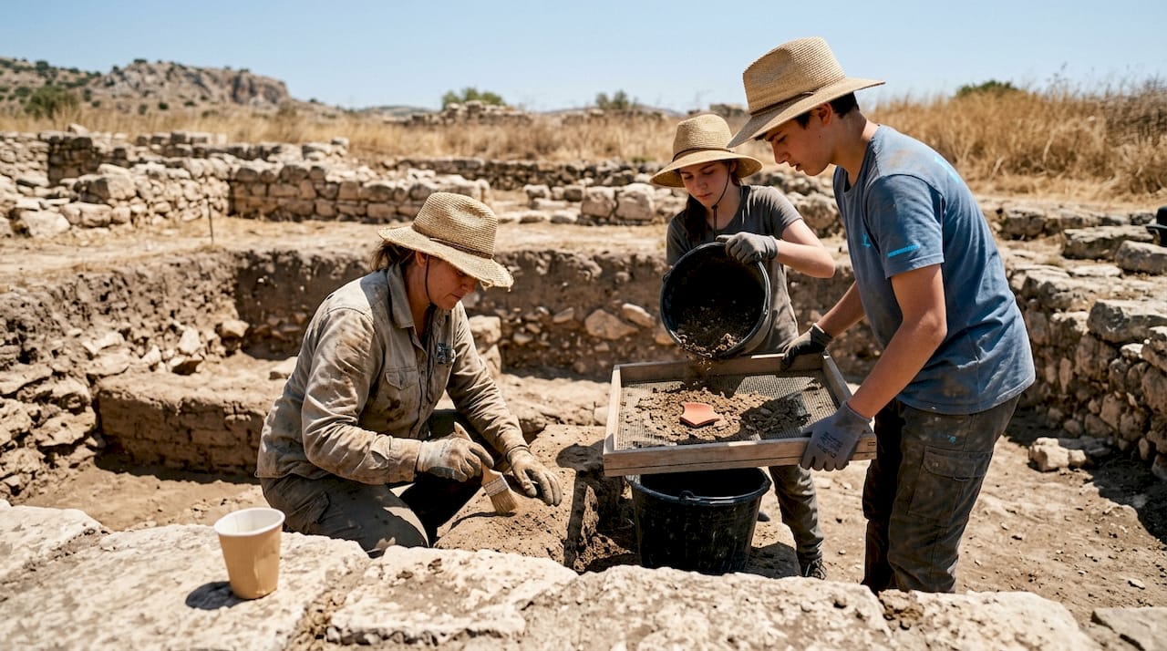 Family doing archaeological dig activity Israel