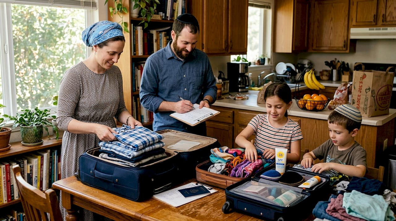 Family sorting clothes for Israel trip