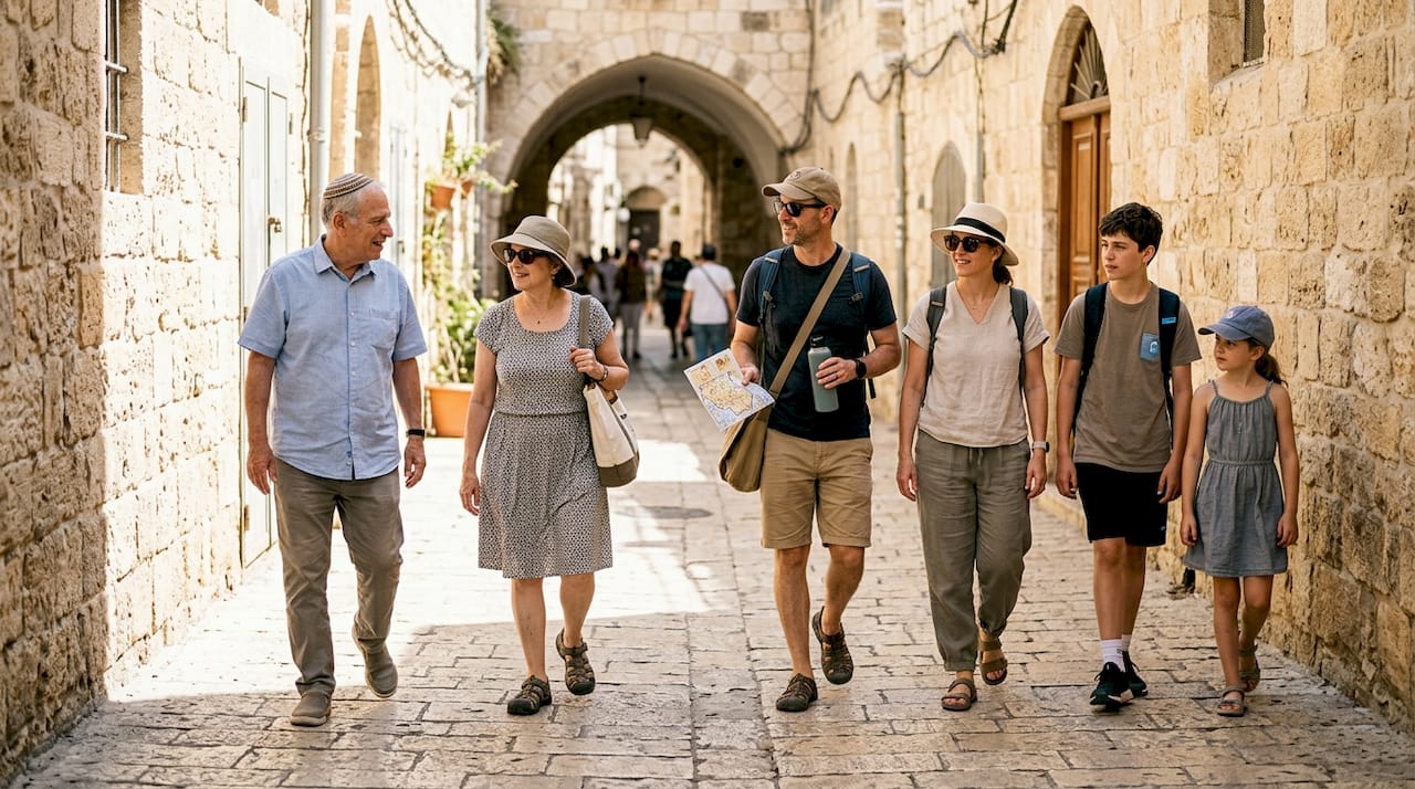 Family walking in Jerusalem Old City together
