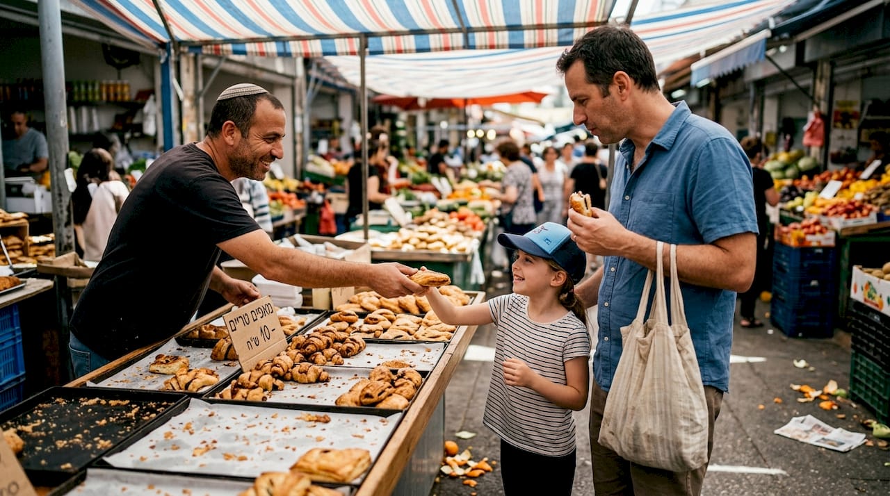 Father and daughter sampling food at market