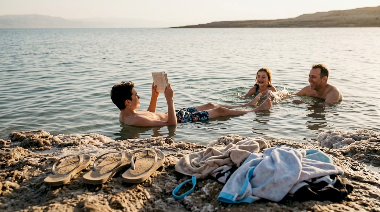 Family floating and playing at the Dead Sea