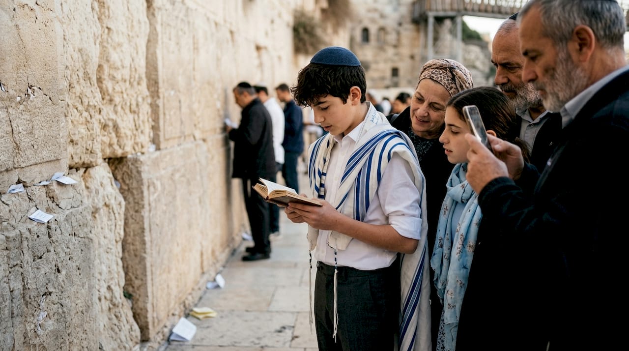 Teen reading at Jerusalem Western Wall