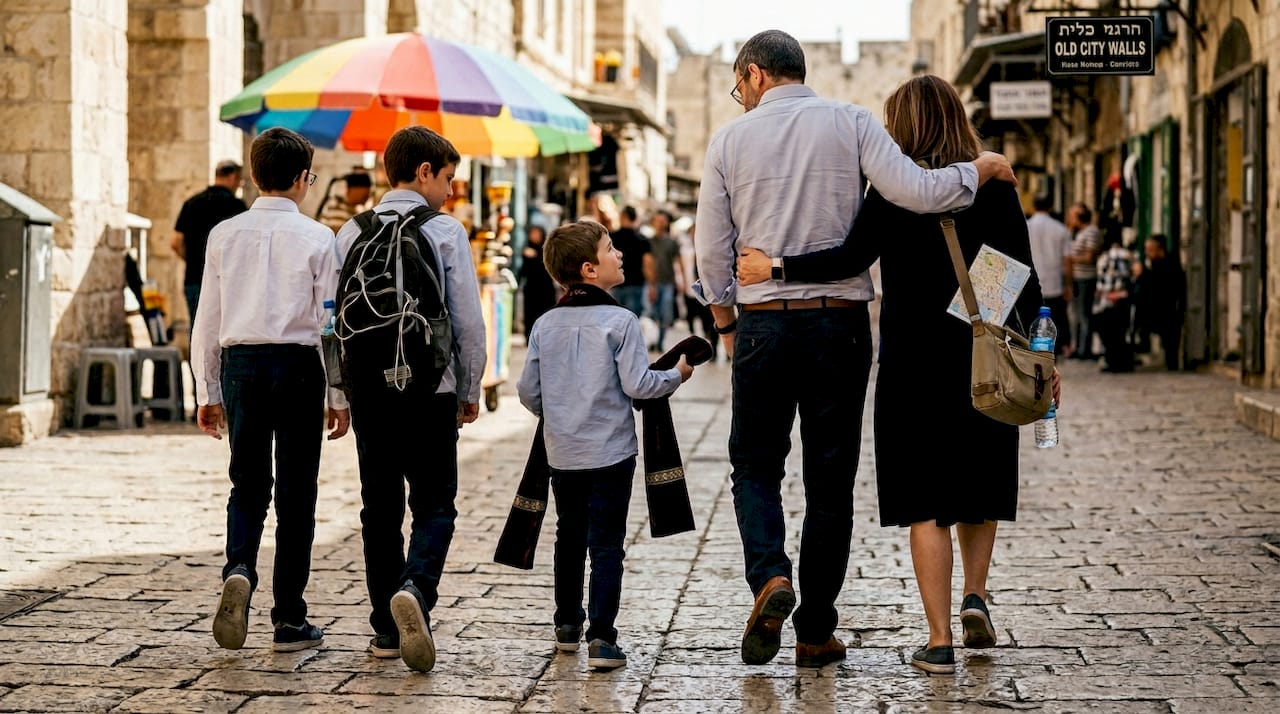 Family walking in Jerusalem after ceremony
