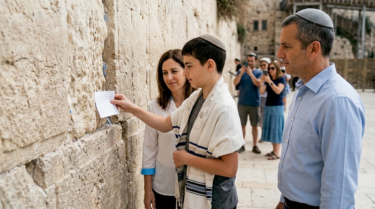 Boy placing note in Western Wall ceremony
