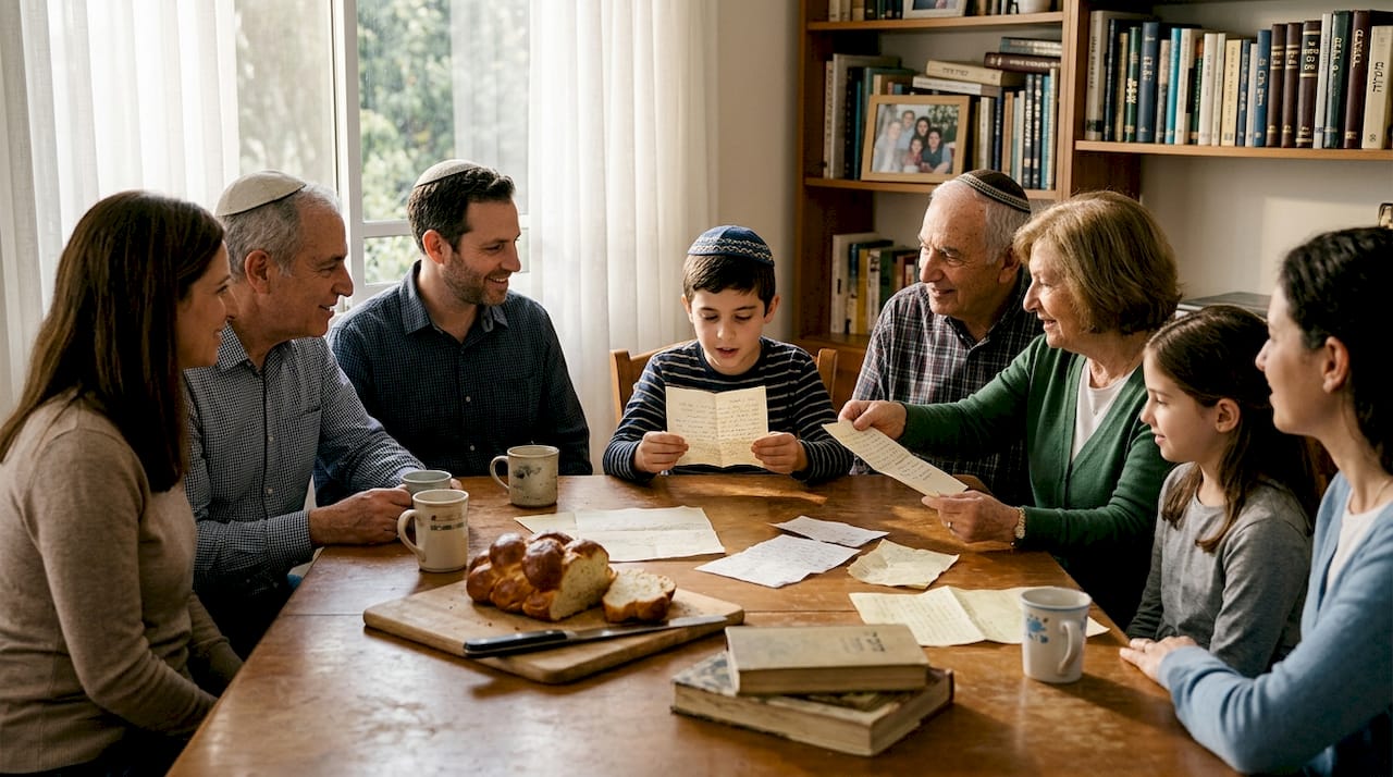 Family sharing memories at dining table