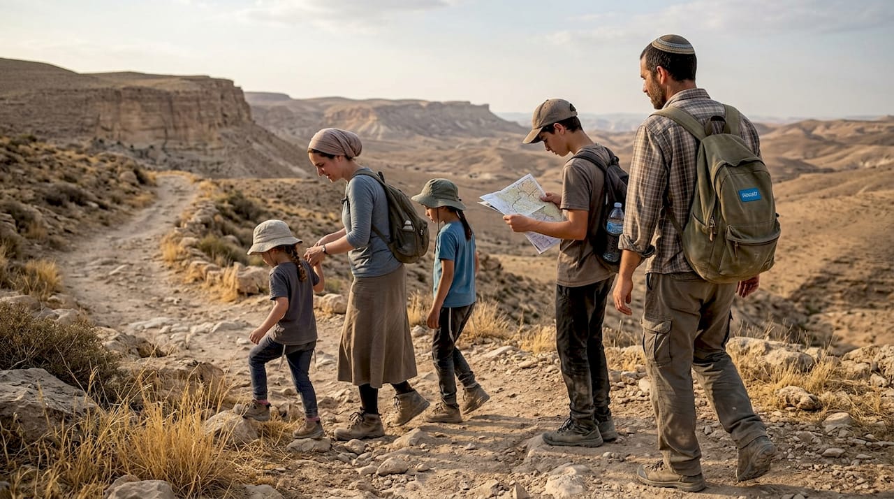 Family hiking desert trail in Israel