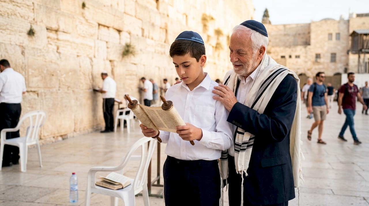 Boy and grandfather at Western Wall ceremony