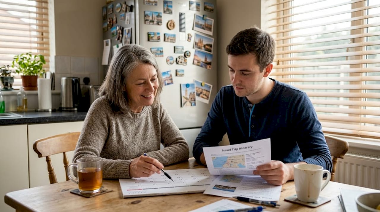 Family planning Israel trip at kitchen table