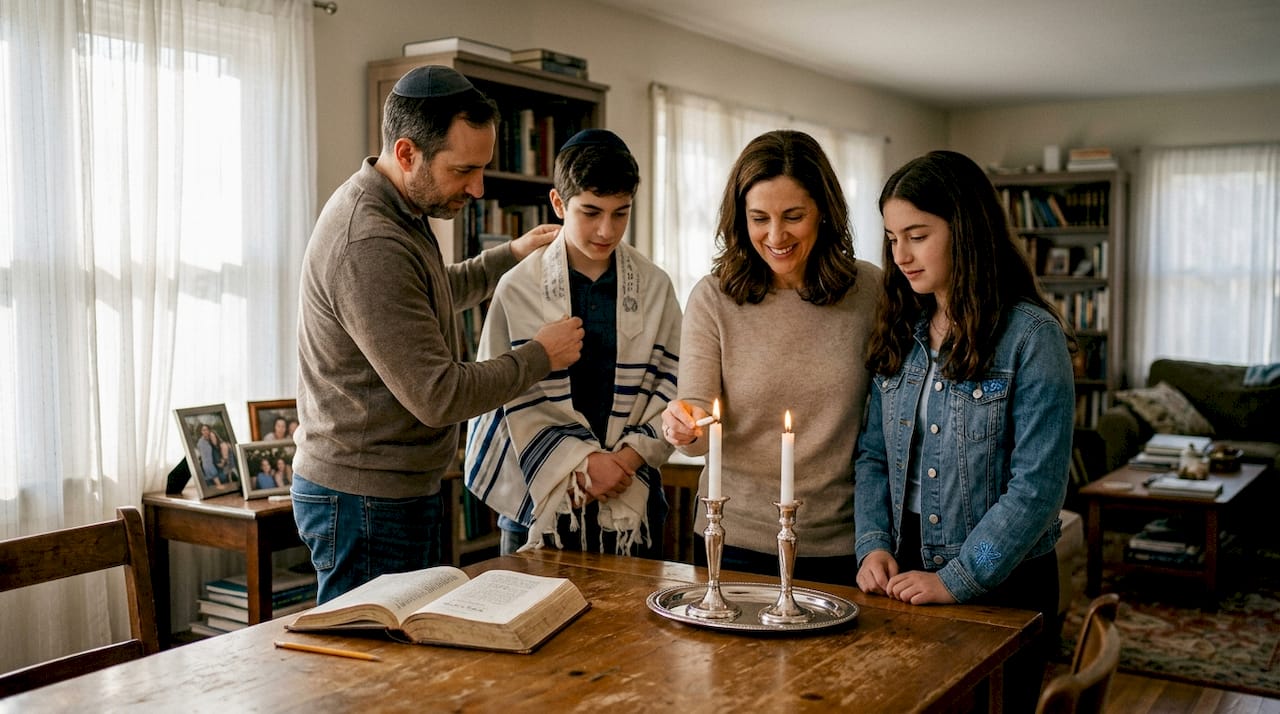 Family preparing Bar Mitzvah blessing