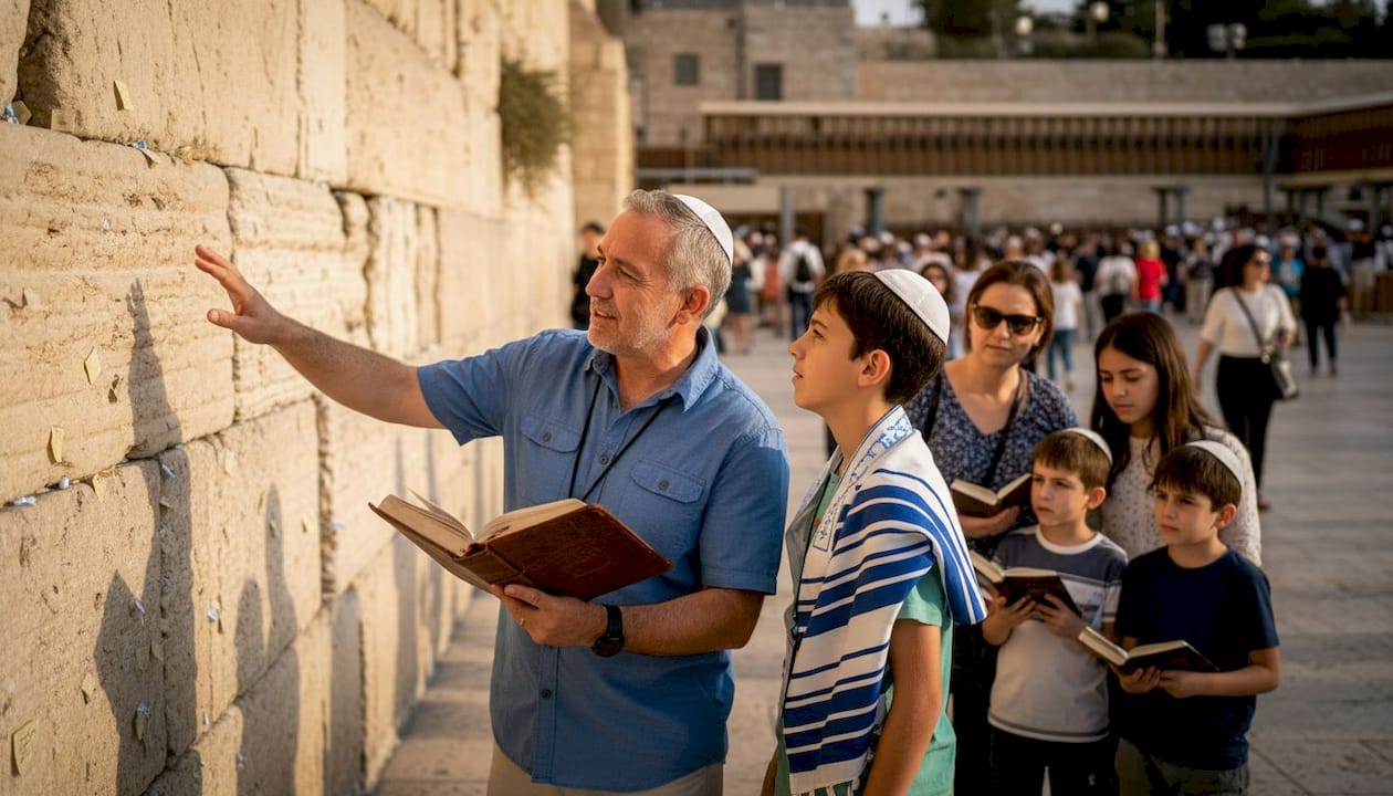 Tour guide and family during Bar Mitzvah ceremony