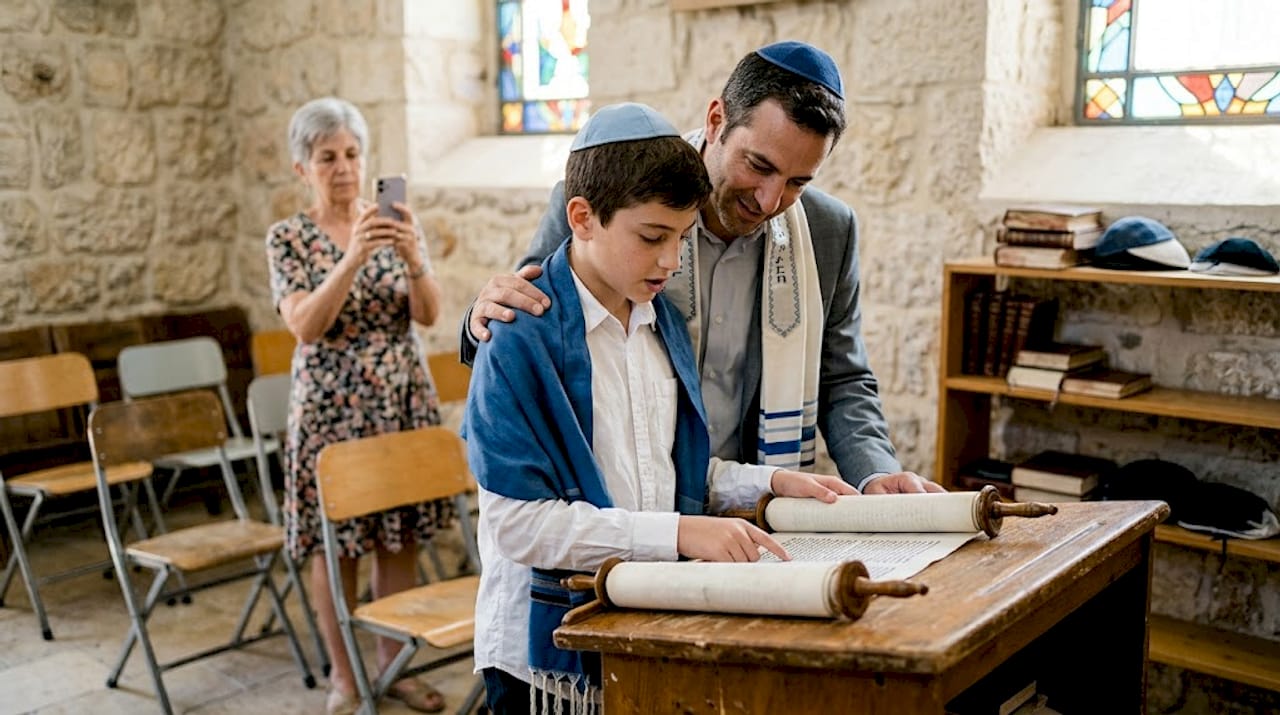 Boy reading Torah with family at synagogue