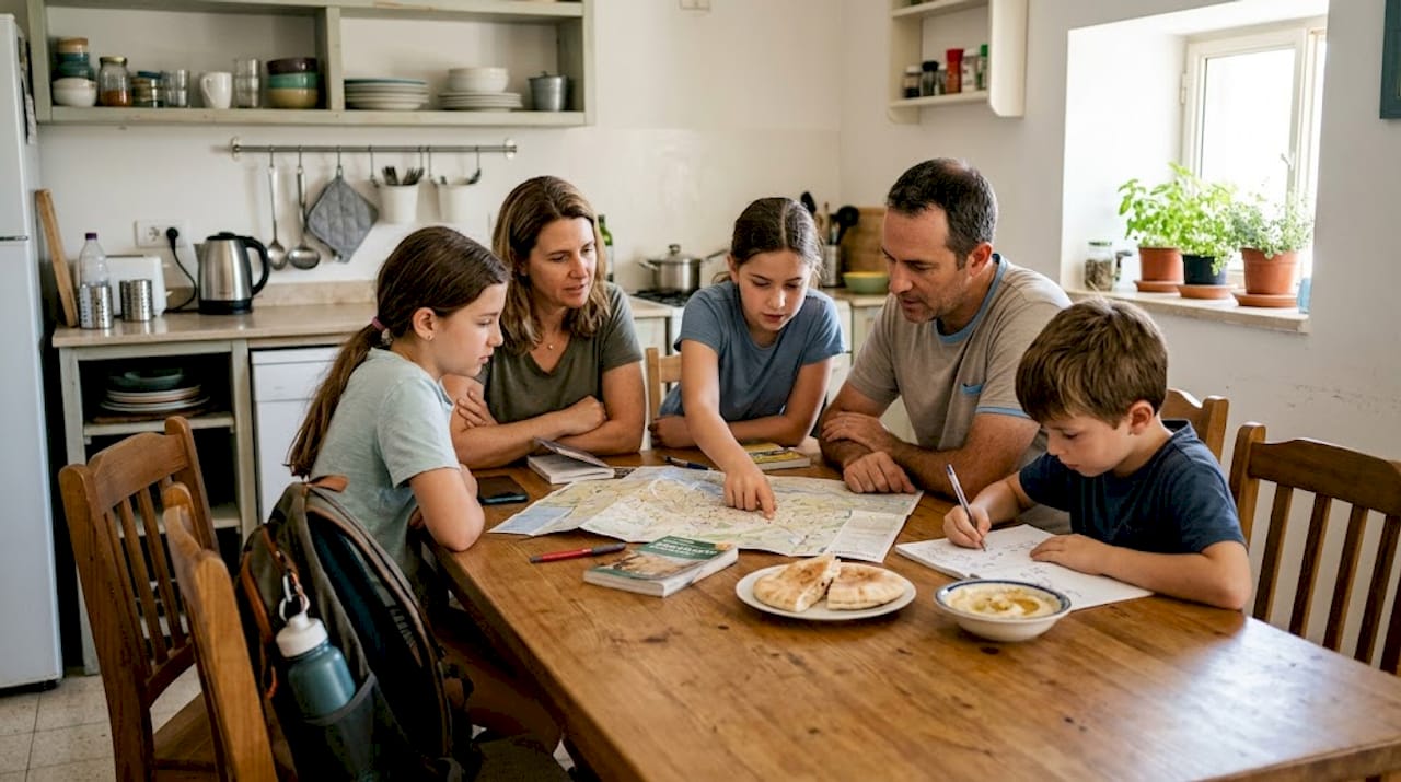 Family planning adventure trip at kitchen table