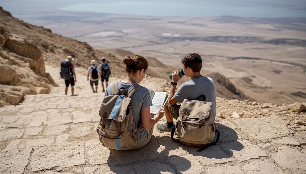 Family pausing on Masada hiking trail in Israel
