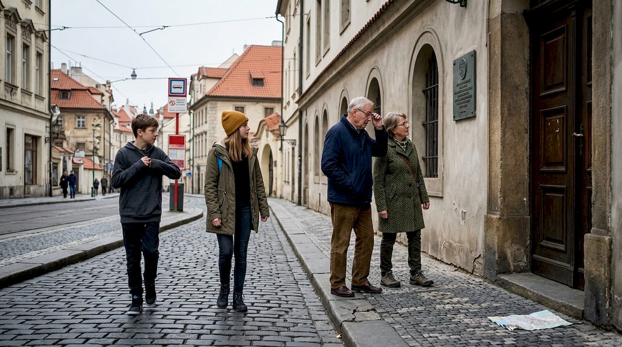 Family walking together near Prague synagogue