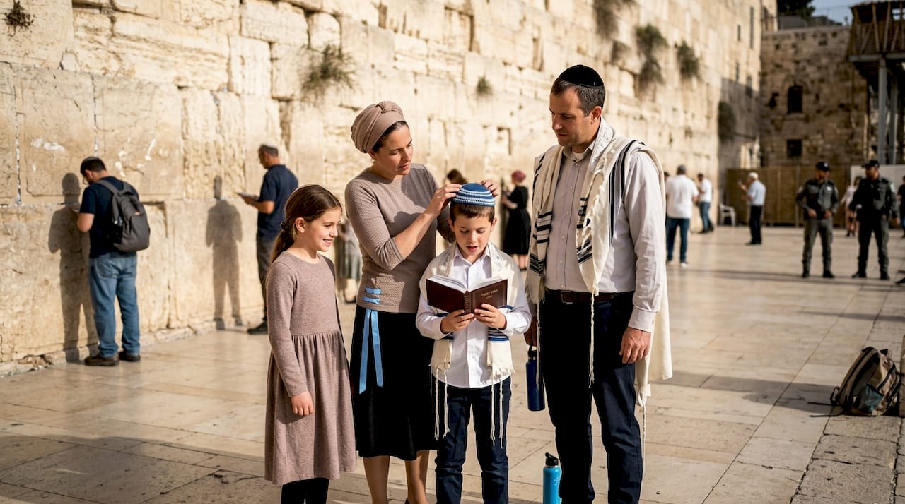 Family together at Western Wall in Jerusalem