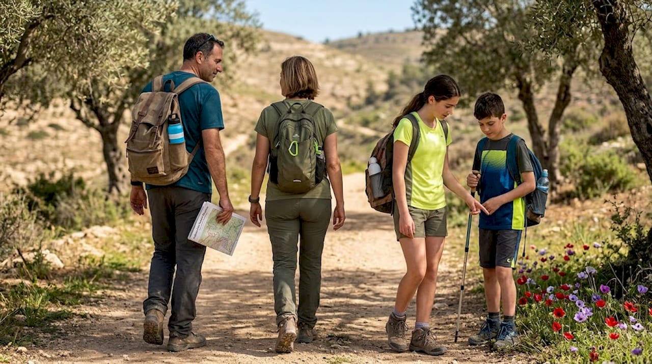 Family hiking together in Israeli landscape