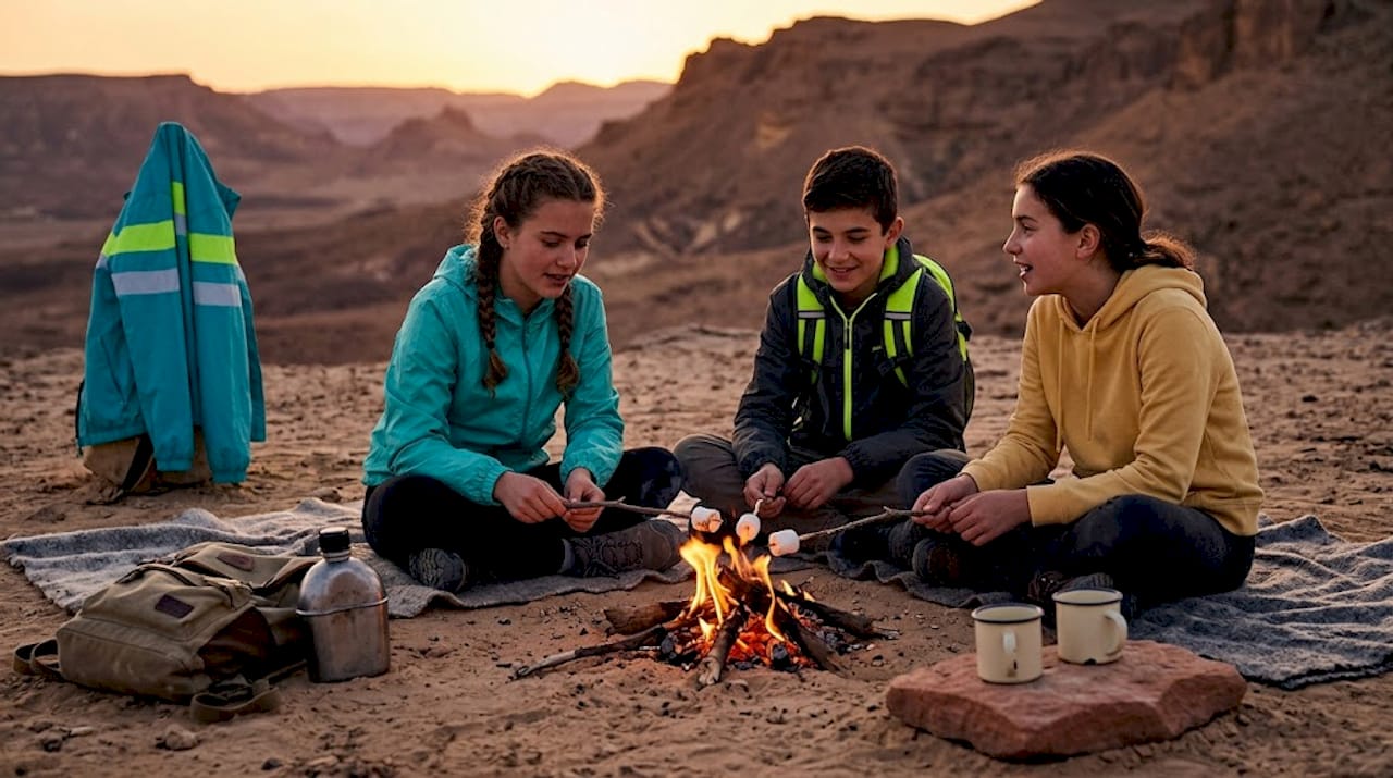 Teens gather around campfire in desert